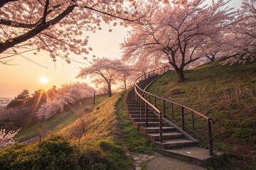 Fototapeta premium Serene Cherry Blossom Pathway at Sunset with Flourishing Trees and Gentle Slopes