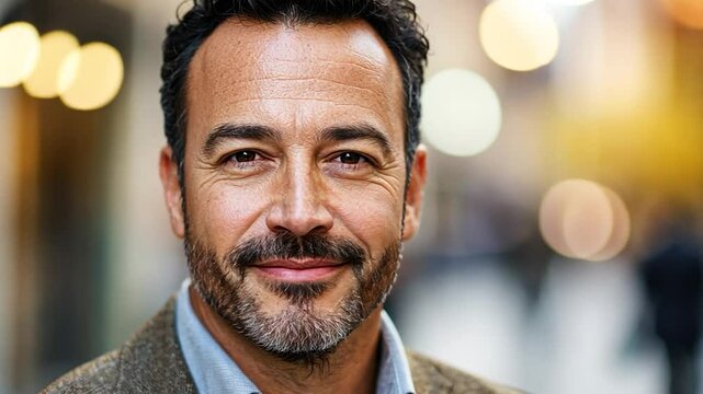 Smiling man in city setting