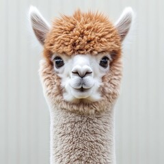 Alpaca headshot, fluffy face, white fur neck, and curious brown eyes on a gray background