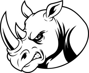 Angry Rhino Head Black and White Line Art with Sharp Horns and Fierce Expression