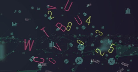 Image of letters, numbers, icons and connections moving on black background