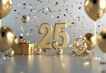 Golden 25th Birthday Celebration with Balloons and Confetti