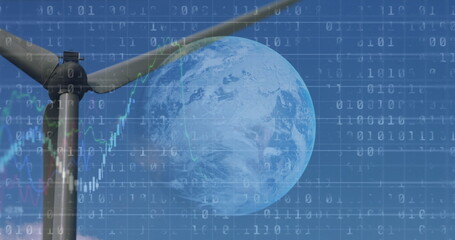 Image of financial data processing binary coding over earth and wind turbine