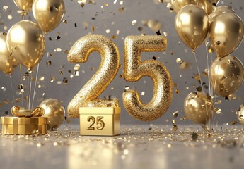 Golden Glittering 25th Birthday Celebration with Balloons and Confetti