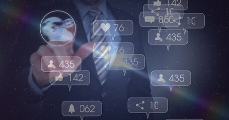 Image of businessman with network of social media icons and numbers