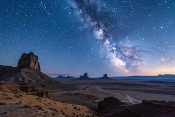Starry Night Sky Over Monument Valley Landscape with Milky Way and Desert Terrain
