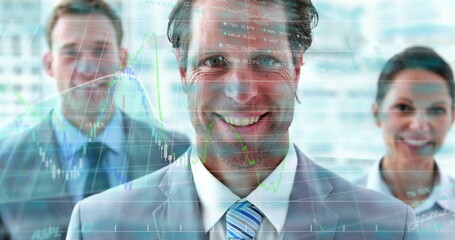 Image of financial data processing over diverse business people