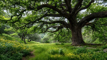 Obraz premium Majestic oak tree blooms in spring meadow scene