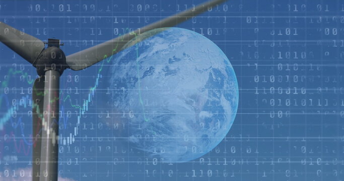 Image of financial data processing binary coding over earth and wind turbine