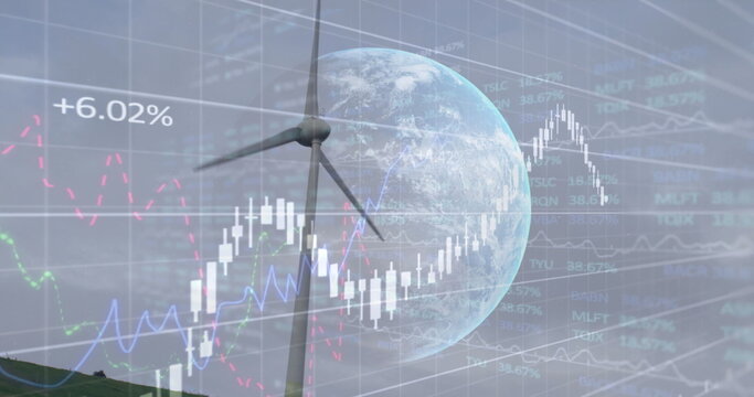 Naklejki Image of financial data processing over earth and wind turbines