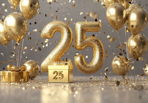 Golden Glittering 25th Birthday Celebration with Balloons and Confetti