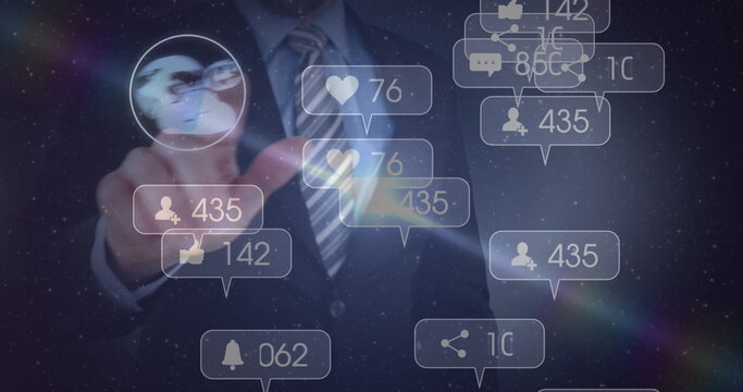 Image of businessman with network of social media icons and numbers