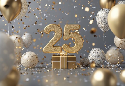 Elegant gold number 25 with balloons and confetti for celebration