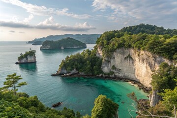 Obraz premium Breathtaking Coastal Landscape with Lush Green Cliffs and Turquoise Waters