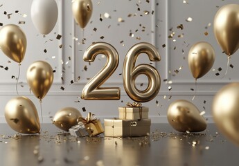 Golden Balloons and Gifts for 26th Birthday Celebration Event