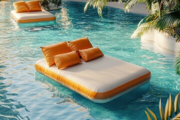 Fototapeta premium Floating lounge in turquoise waters of outdoor pool under a tropical sun, for luxurious relaxation.