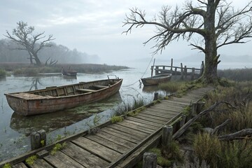 Obraz premium Serene Misty Landscape with Rustic Boats and Wooden Dock in Tranquil Nature Setting