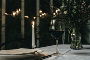 Romantic Dining Table Setting with Wine Glass Candle Light and Elegant Floral Centerpiece