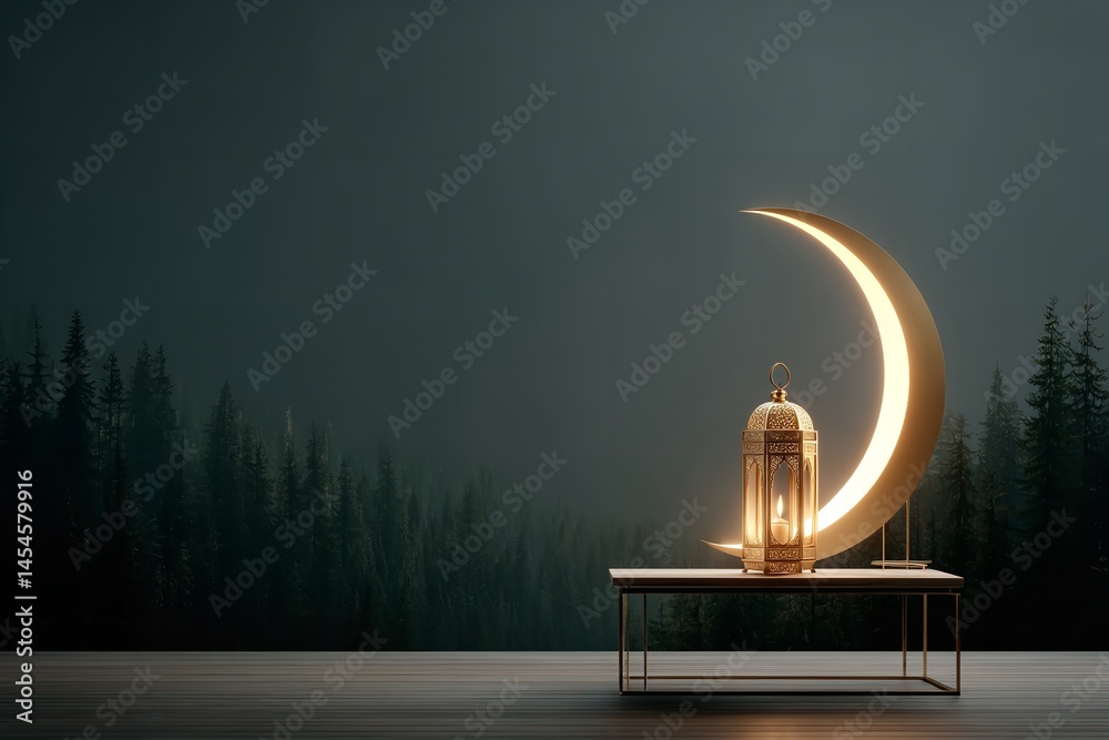 Fototapete a metal table with a gold lamp in the front and a ramadan mubarak backdrop. generative ai