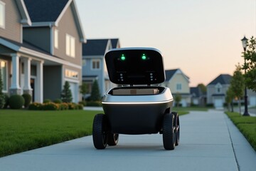 Autonomous delivery robot with open lid compartment waiting on a suburban sidewalk near residential houses, showcasing future local delivery technology and shipping automation