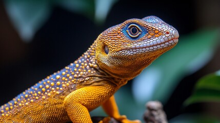 Fototapeta premium Close-up of a vibrant lizard with orange and blue scales