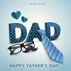 Happy Father's day card with sunglasses and necktie on blue background, greeting card background idea