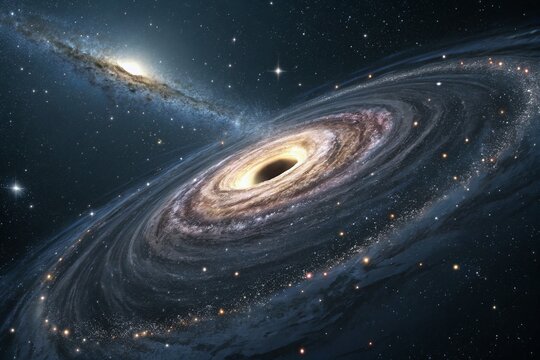 Stunning Black Hole in Space with Spiral Galaxy and Stars on a Dark Background