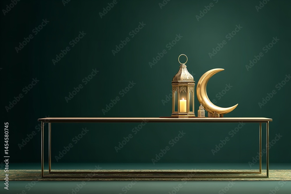 Fototapete a metal table with a gold lamp in the front and a ramadan mubarak backdrop. generative ai