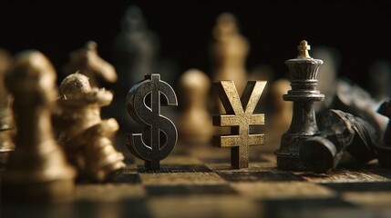 Financial Chess Game: Symbolic representation of global finance, dollar symbol and yen symbol positioned strategically on a chessboard.