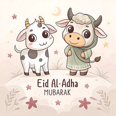 Obraz premium Eid al-Adha Mubarak with Cute Goat and Cow Cartoon. Eid Al Adha mubarak background