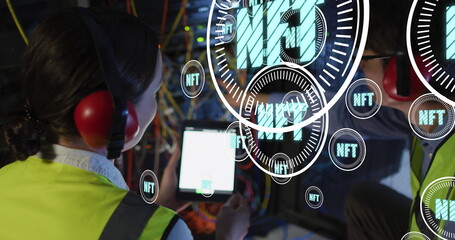 Image of nft texts over diverse workers in server room