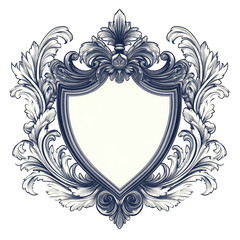 Ornate heraldic shield with intricate floral and foliate embellishments in navy blue and white, set against a transparent background. Baroque design element.