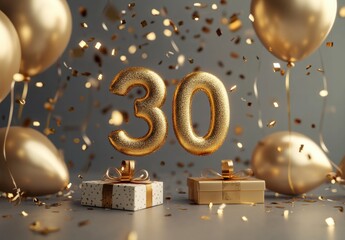 Golden 30th Birthday Celebration with Balloons and Confetti Decor