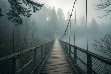 Obraz premium Misty Forest Suspension Bridge Surrounded by Fog and Trees Inviting Adventure and Exploration