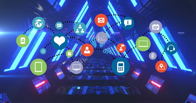 Image of media icons over digital tunnel - Powered by Adobe