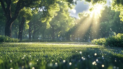 Obraz premium Lush, verdant forest scene bathed in morning sunlight.