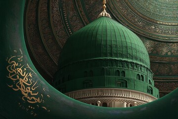 The Prophet Muhammad's birthday banner, Mawlid al-Nabi, features Arabic calligraphy depicting the Prophet's mosque's green dome. Generative Ai