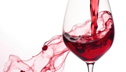 Rich red wine poured, swirling in glass against pure white , drink photography, merlot