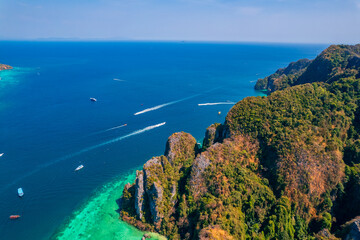 Aerial view Phi Phi island with turquoise clear water , Krabi Province. Amazing travel photo Thailand tropical paradise by drone
