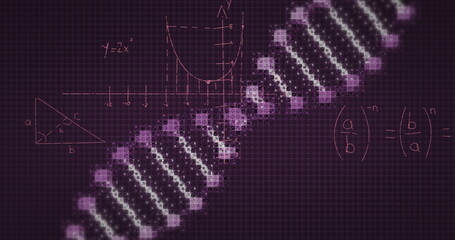 Image of dna rotating over black background with math formulas