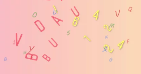 Selbstklebende Fototapeten Floating red uppercase and yellow digits green and blue lowercase letters on gradient canvas © vectorfusionart