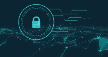 Image of digital padlock, connections on black background