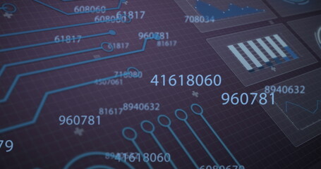 Image of changing numbers and integrated circuit on violet background