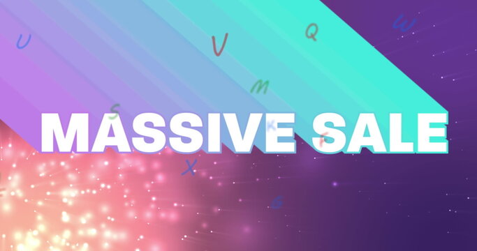 Image of massive sale, changing numbers and letters on colorful background