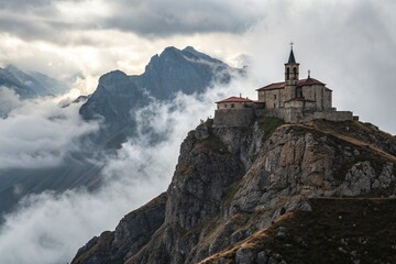 Majestic Mountain Monastery Surrounded by Dramatic Clouds and Scenic Peaks