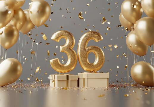 Glimmering Golden Number 36 Surrounded by Balloons and Confetti