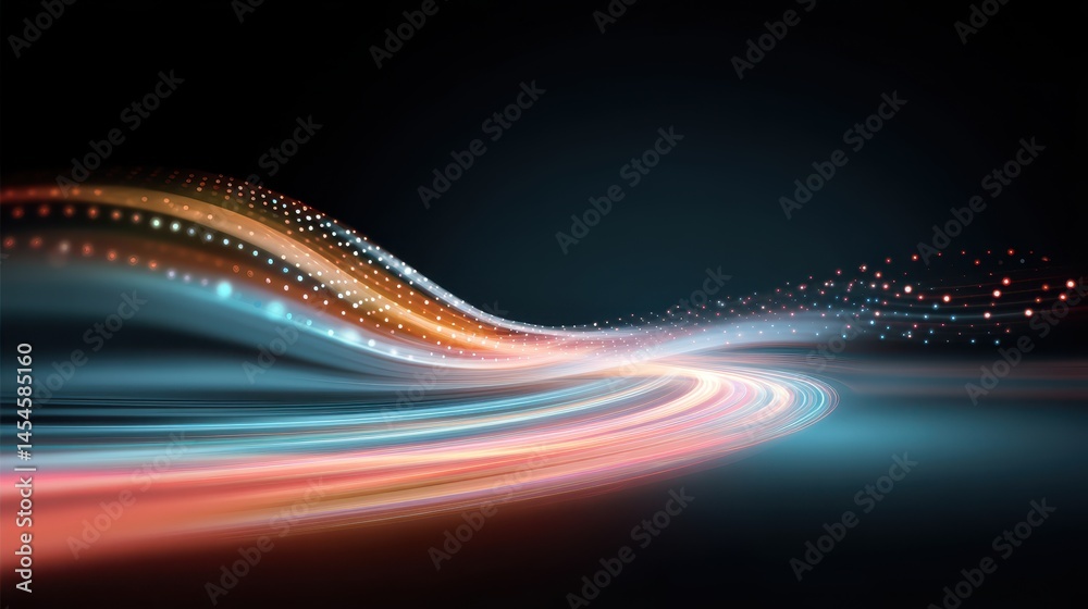 Poster abstract glowing lines and dots create a dynamic, flowing wave pattern on a dark background, evoking