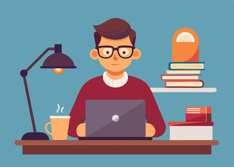 Young Man Working on Laptop at Home Office Desk
