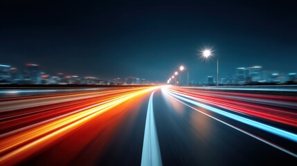 A city highway at night with colorful light trails from fast-moving vehicles, showcasing urban speed and vibrant nightlife.
