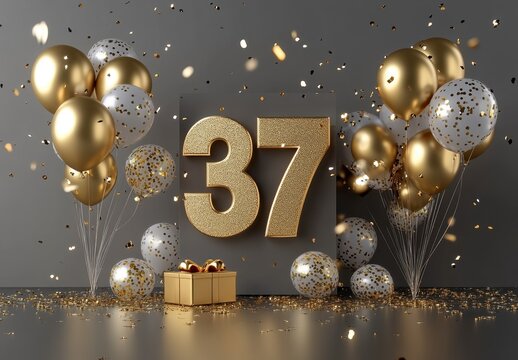 Golden 37th Birthday Celebration with Balloons and Confetti